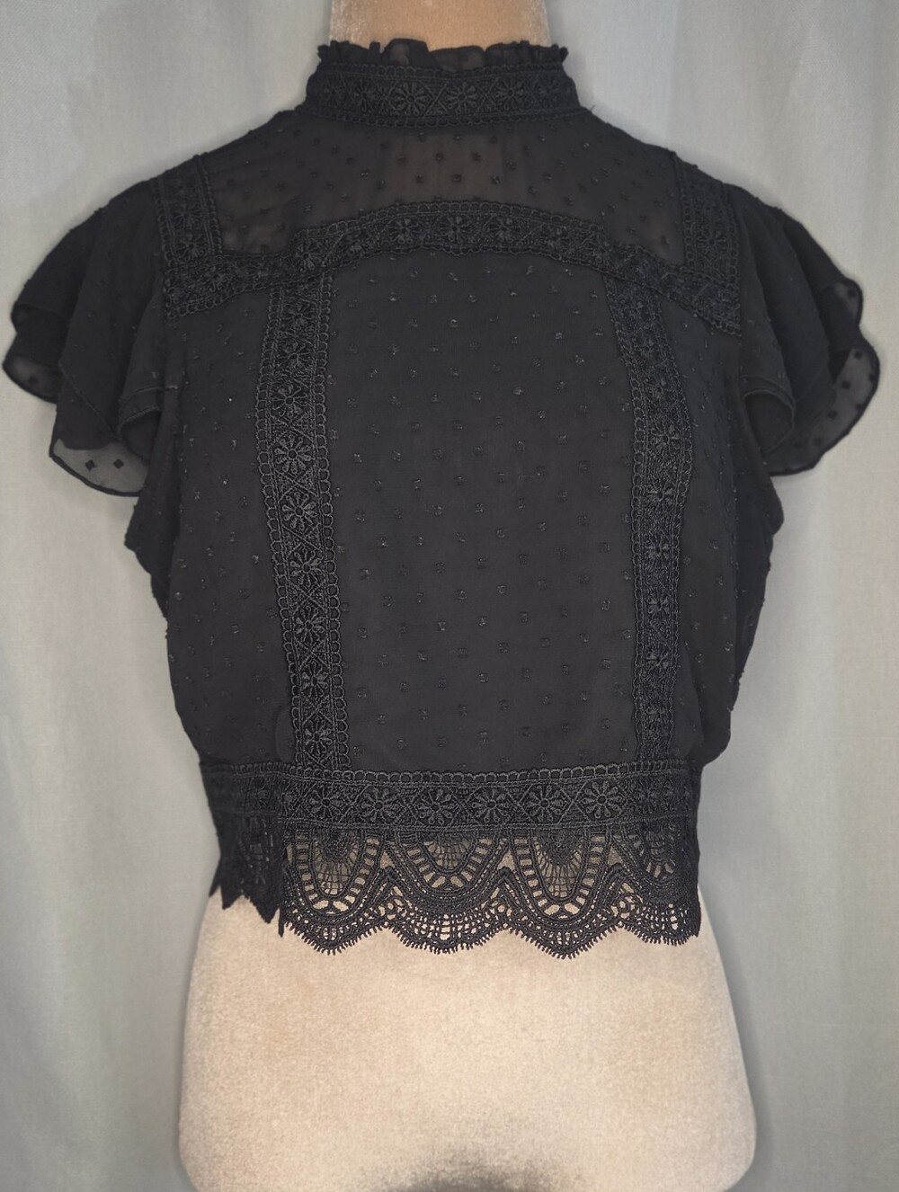Lace-Trim Swiss Dot Flutter Sleeve Crop Top - Black Women's XL
